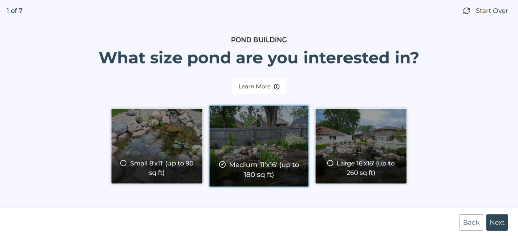 pond pricing caluclator for free use to estimate cost of water feature in minnesota