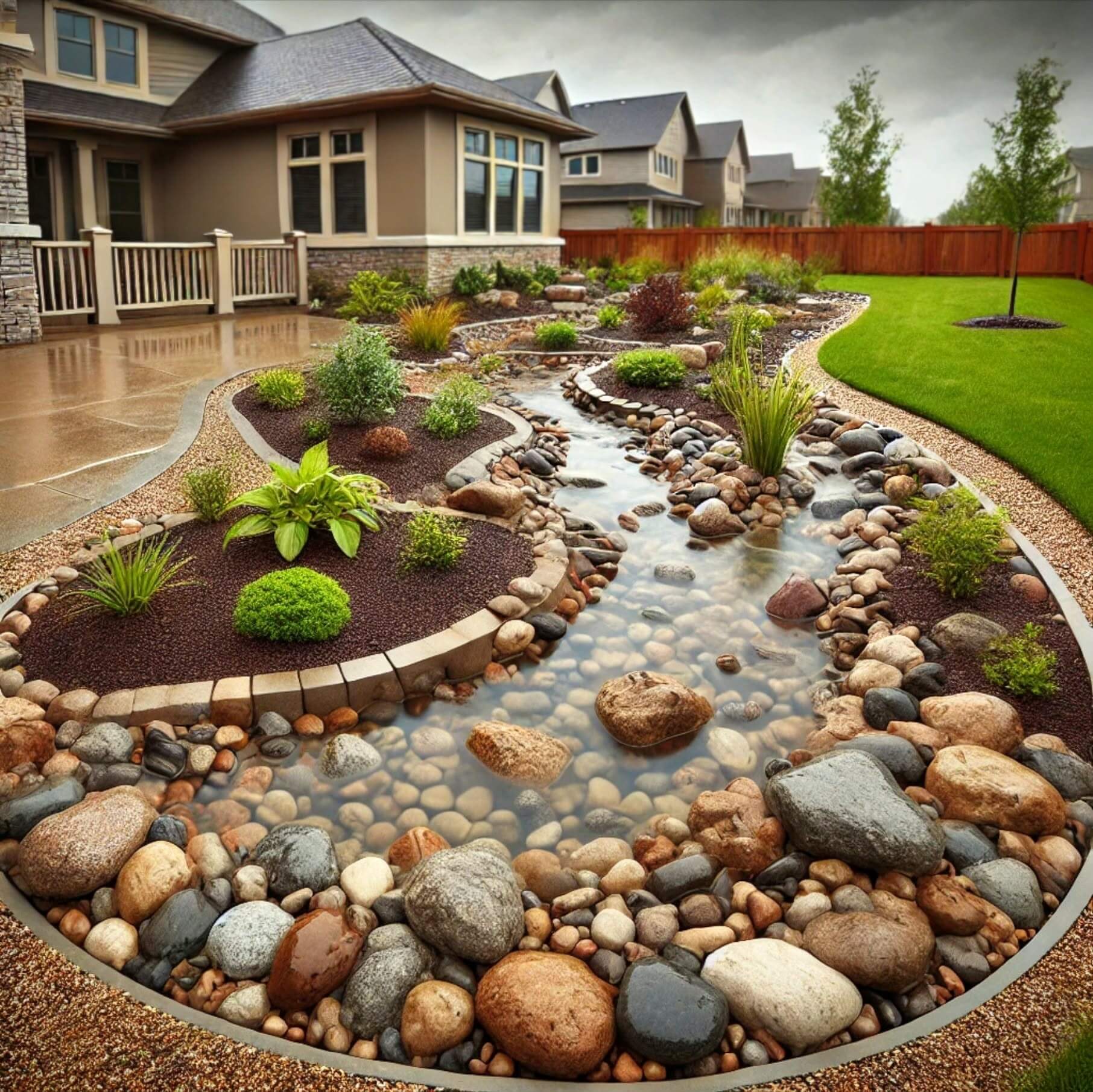 rock water overflow rain garden in minnesota